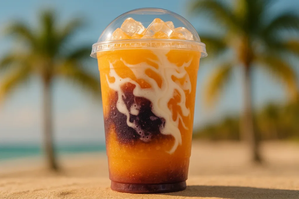 Rocky Point Rebel Dutch Bros secret menu tropical drink with blackberry, peach, coconut, and orange flavors.