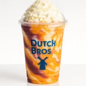 Dutch Bros Rocky Point Shake with blackberry, peach, coconut, and orange on a white background.