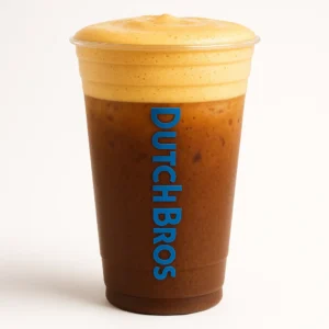  Dutch Bros Salted Caramel Protein Mocha with creamy caramel foam in a clear branded cup on white background