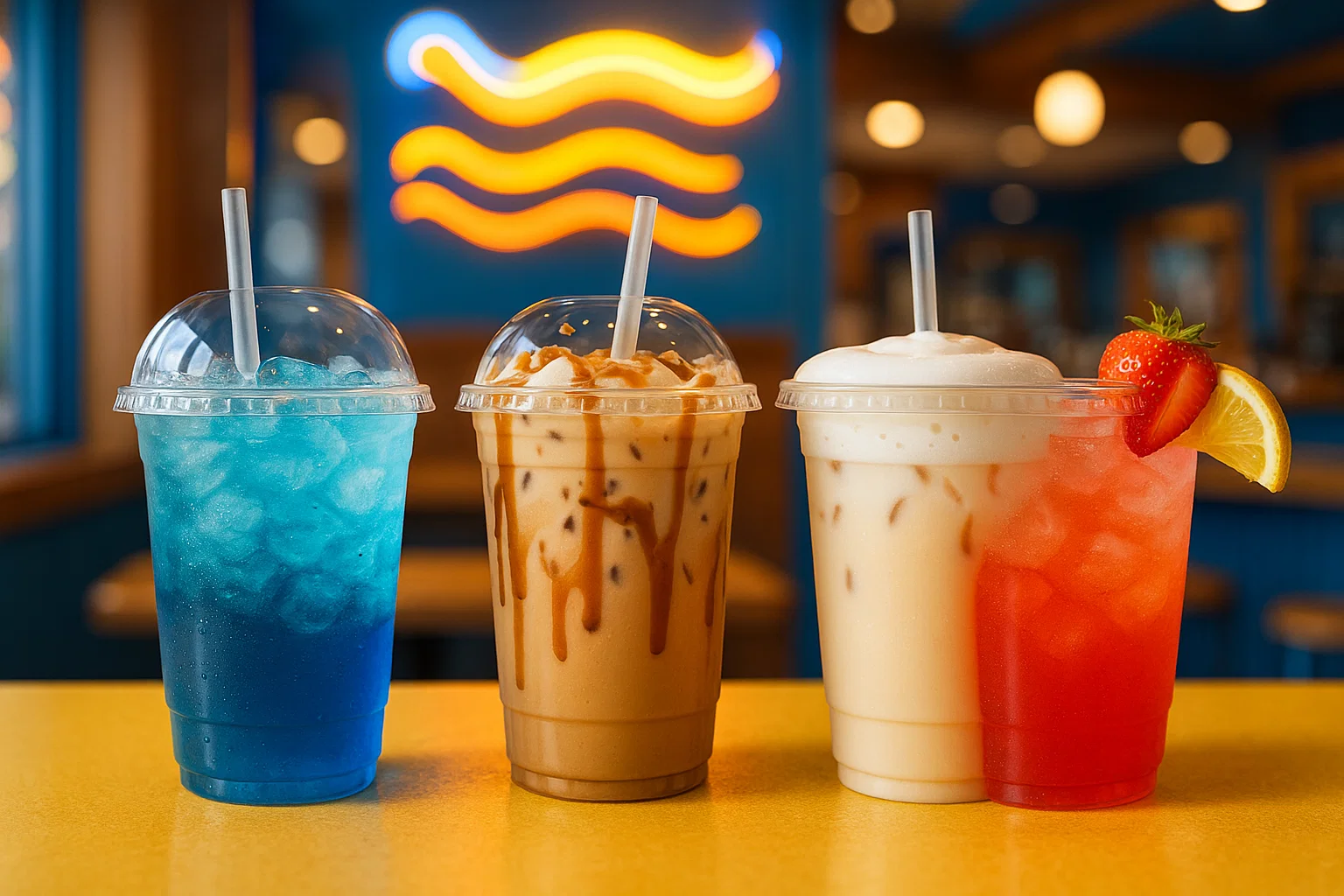 Dutch Bros secret menu drinks – Rebel, mocha, latte with Soft Top, and strawberry lemonade on colorful café counter.