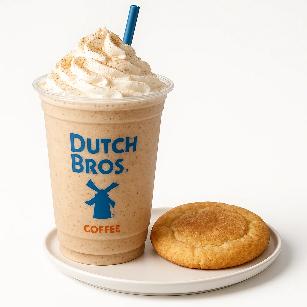 Dutch Bros Snickerdoodle Blended drink with whipped cream and cookie on white background