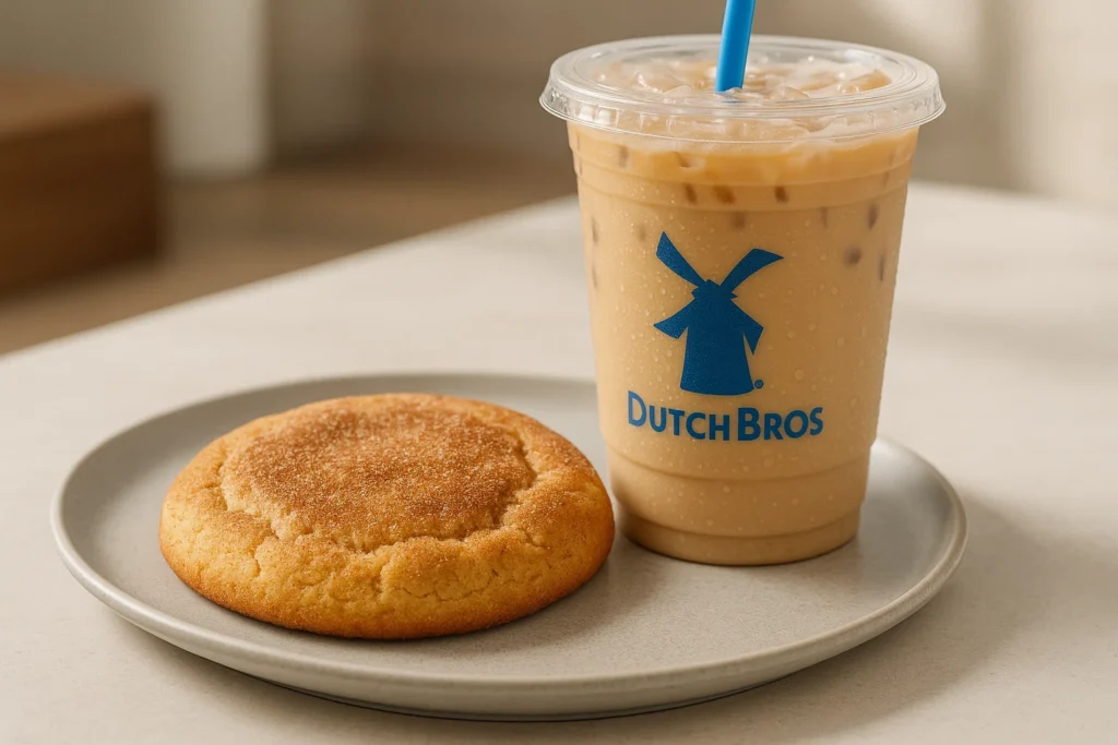 Dutch Bros Snickerdoodle Cookie Breakfast with iced drink on modern plate