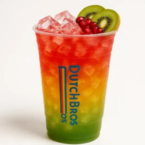 Dutch Bros Stop Light drink with pomegranate, passion fruit, and kiwi flavors


