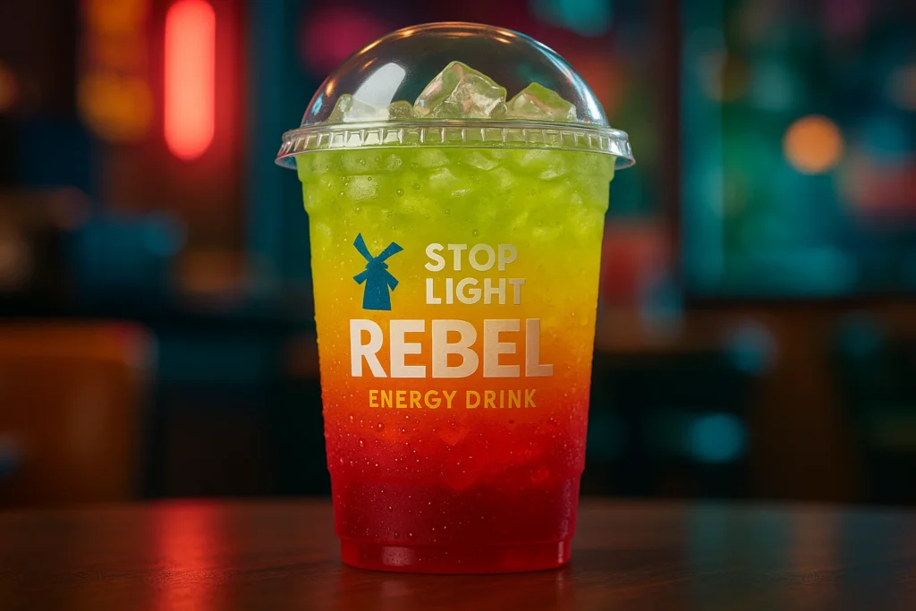 Stop Light Rebel Dutch Bros secret menu drink layered with pomegranate, passion fruit, and kiwi flavors.
