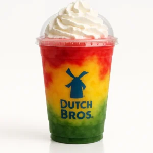Dutch Bros Stop Light Shake with pomegranate, passion fruit, and kiwi on a white background.