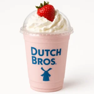 Dutch Bros Strawberry Shake on a white background with whipped cream and strawberry garnish.