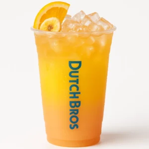 Dutch Bros Sweet Sunrise drink with peach, passion fruit, orange, and banana flavors

