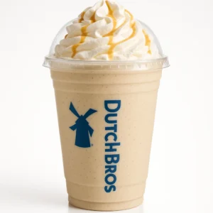 Dutch Bros Toasted Mellow Shake with vanilla and chocolate macadamia nut on a white background.