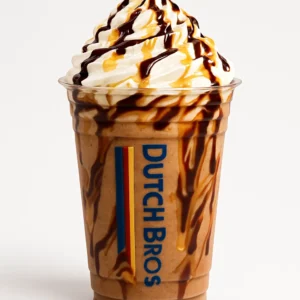 Dutch Bros Trifecta blended drink with whipped cream and layered drizzles of caramel, white chocolate, and dark chocolate in a clear branded cup, on white background.


