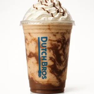 Dutch Bros Trifecta Shake with caramel, white chocolate, and dark chocolate on a white background.