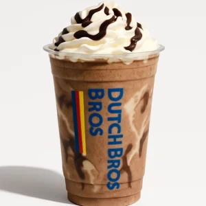 Dutch Bros Tuxedo blended drink with whipped cream and dual chocolate drizzle in a clear branded cup, on white background.

