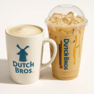 Dutch Bros Vanilla Chai Latte served hot and iced with milk and vanilla syrup on a pure white background.

