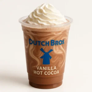 Dutch Bros Vanilla Hot Cocoa topped with whipped cream on white background