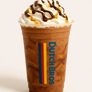 Dutch Bros Wallaby blended drink with whipped cream, chocolate, and caramel drizzle in a clear branded cup, on white background.

