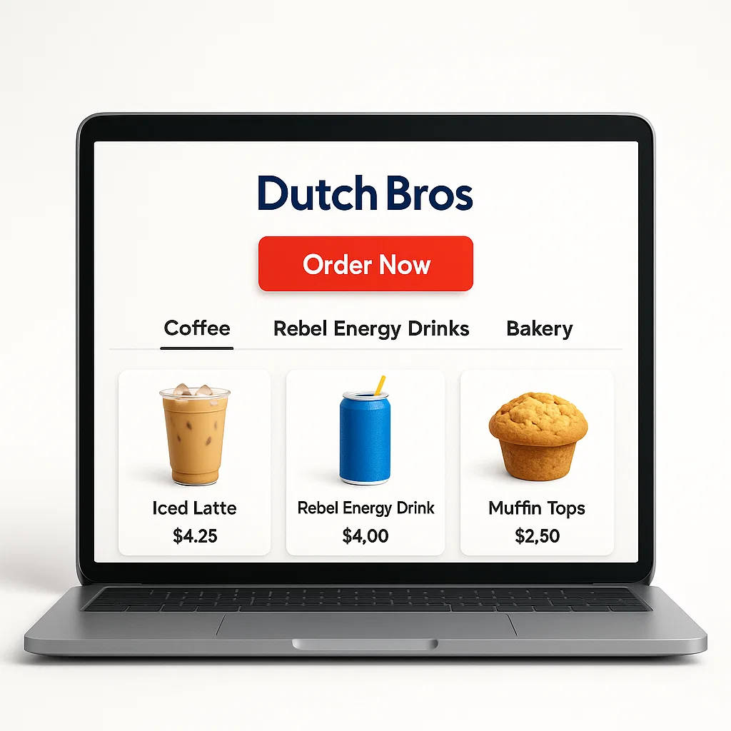 3D illustration of a modern laptop screen displaying the Dutch Bros order page with a red 'Order Now' button and organized product categories on a clean white background.