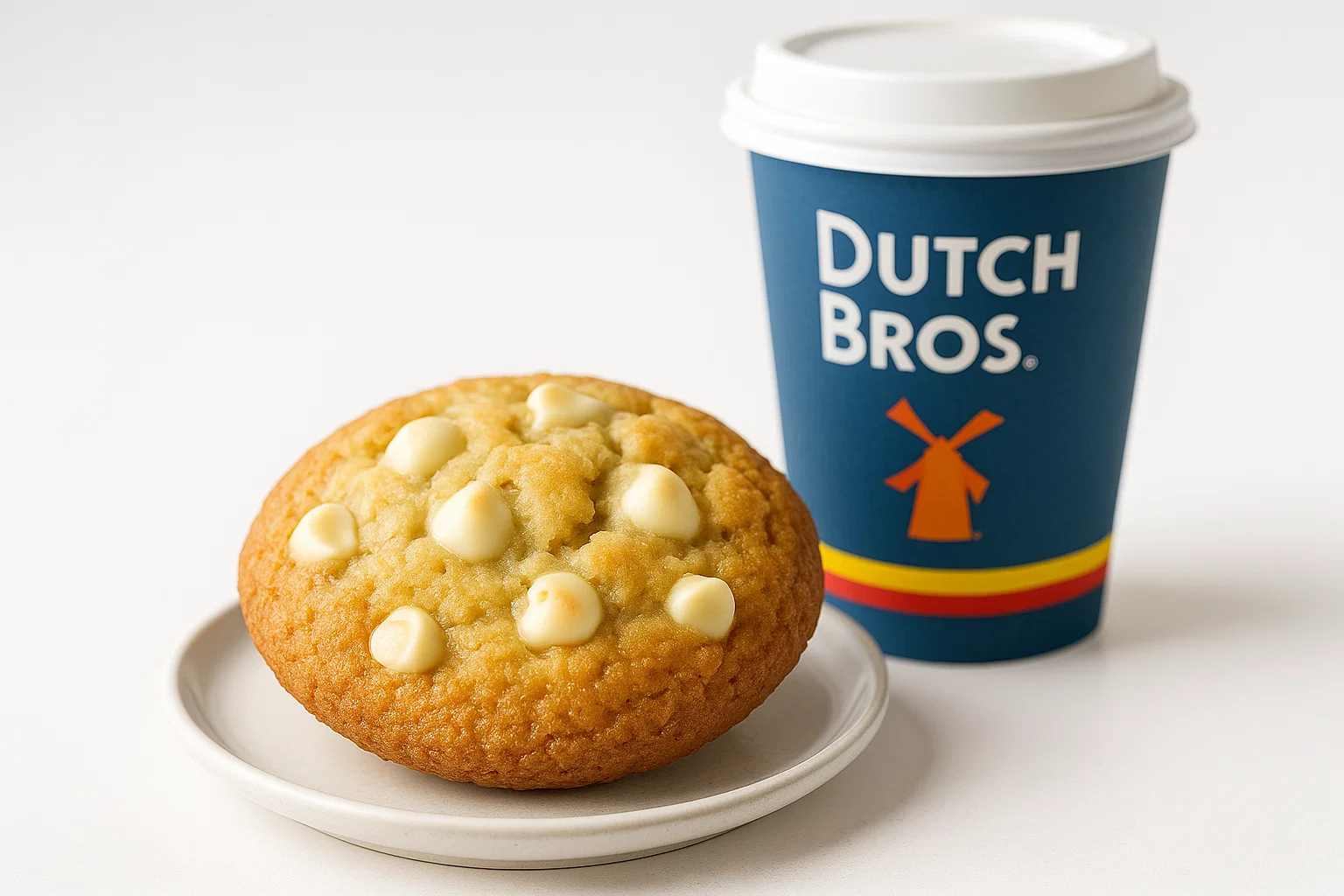 Dutch Bros White Chocolate Chip Freeze breakfast drink on white background with muffin top and napkin