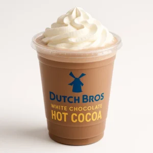 Dutch Bros White Chocolate Hot Cocoa topped with whipped cream on white background