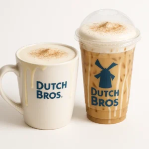 Dutch Bros White Chocolate Spiced Chai Tea served hot and iced with milk and cinnamon on a pure white background.

