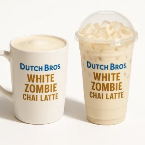 Dutch Bros White Zombie Chai Latte with white chocolate and vanilla, served hot and iced on a pure white background.


