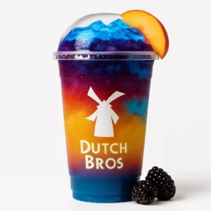 Eclipse Dutch Bros Rebel with peach, passion fruit, blackberry, and blue raspberry float on a white background.

