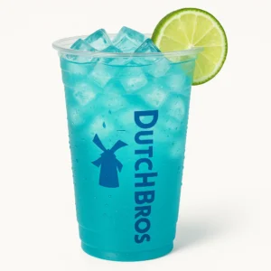 Clear plastic cup of aqua-blue iced tea with lime and blue raspberry flavors, ice cubes, lime garnish, and Dutch Bros logo on a white background.

