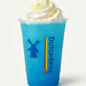 Dutch Bros Blue Rebel energy drink can standing upright on a white background with condensation.