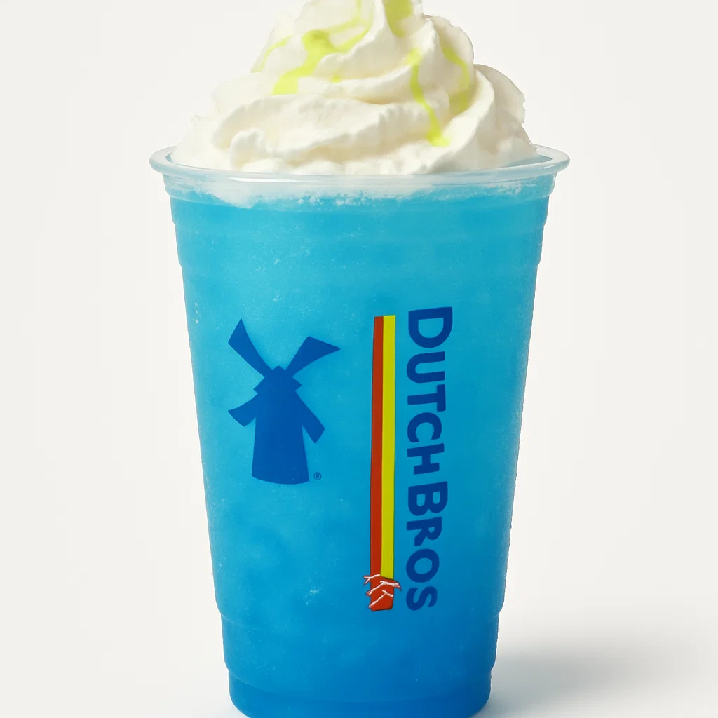 Electric blue Dutch Bros Rebel energy drink in branded plastic cup with whipped cream and lime drizzle on white background.