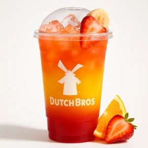 Fire Lizard Dutch Bros Rebel with strawberry, banana, and orange on a white background.

