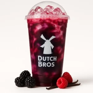 Gem Berry Dutch Bros Rebel with blackberry, vanilla, and raspberry on a white background.

