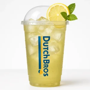 Tall clear Dutch Bros cup of pale golden-green iced green tea with lemon and mint garnish, and white background.


