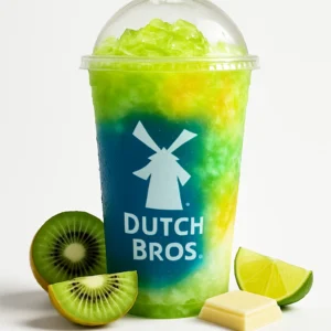 Gummy Bear Dutch Bros Rebel with kiwi, lime, and white chocolate on a white background.


