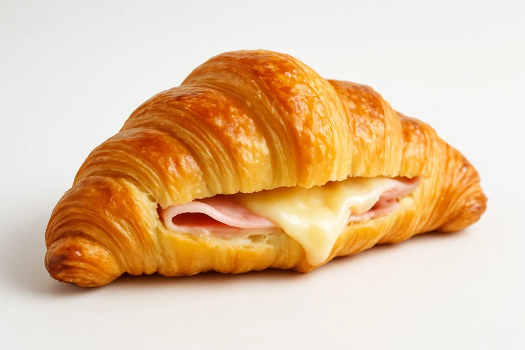 Golden brown ham and cheese croissant with melted cheese and ham filling on a white background.