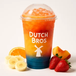 Hawaiian Dutch Bros Rebel with banana, orange, peach, and strawberry on a white background.


