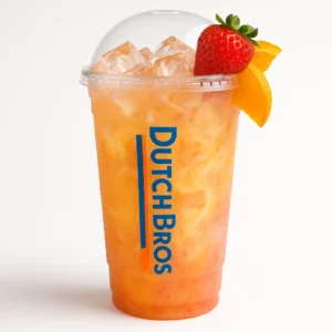 Tall clear Dutch Bros cup of layered Hawaiian iced drink with banana, orange, peach, strawberry flavors, fruit garnish, and white background.

