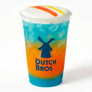 High Dive Rebel Dutch Bros drink with blue and orange layers, topped with soft top and drizzle.

