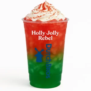 Holly Jolly Rebel from Dutch Bros in a tall clear cup with red and green layers and whipped cream on top.

