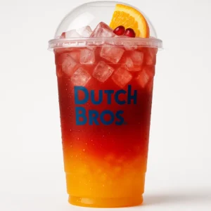 Tall clear Dutch Bros cup of layered Hyper Chrome iced drink with orange, passion fruit, pomegranate flavors, fruit garnish, and white background.

