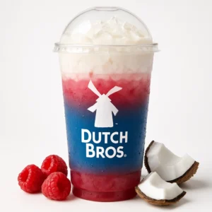 Laser Cat Dutch Bros Rebel with raspberry and coconut on a white background.

