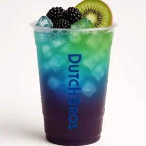 Tall clear Dutch Bros cup of layered purple, blue, and green Majestic Forest iced drink with blackberry, blue raspberry, and kiwi flavors, fruit garnish, and white background.

