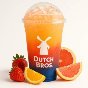 Marmalade Dutch Bros Rebel with strawberry, orange, and grapefruit on a white background.


