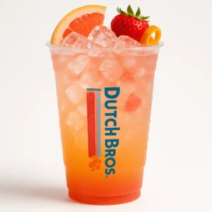 Tall clear Dutch Bros cup of layered orange, pink, and red Marmalade iced drink with strawberry, orange, and grapefruit flavors, fruit garnish, and white background.

