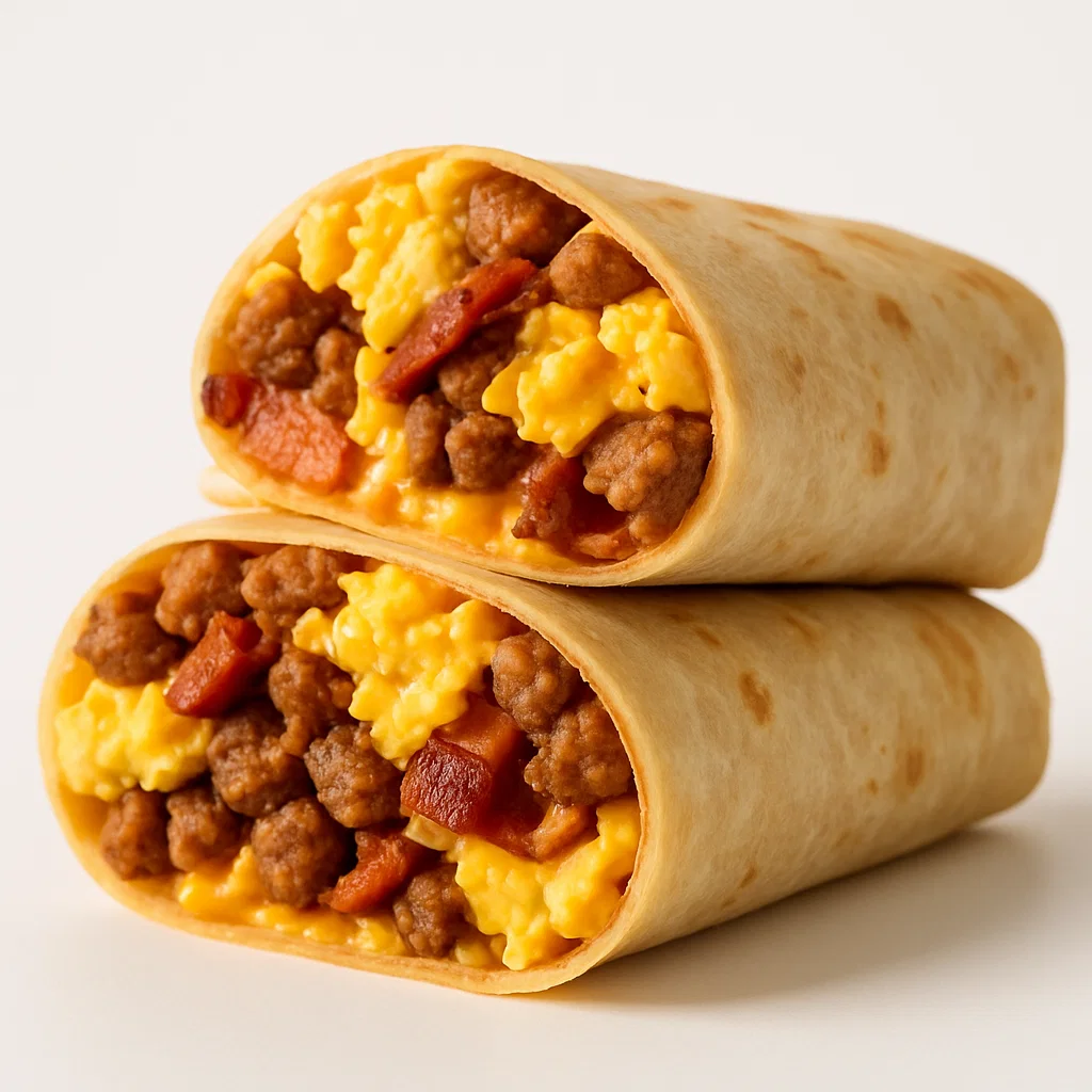 Meat Lover Burrito filled with sausage, bacon, eggs, and cheese on a white background  Dutch Bros breakfast menu item.