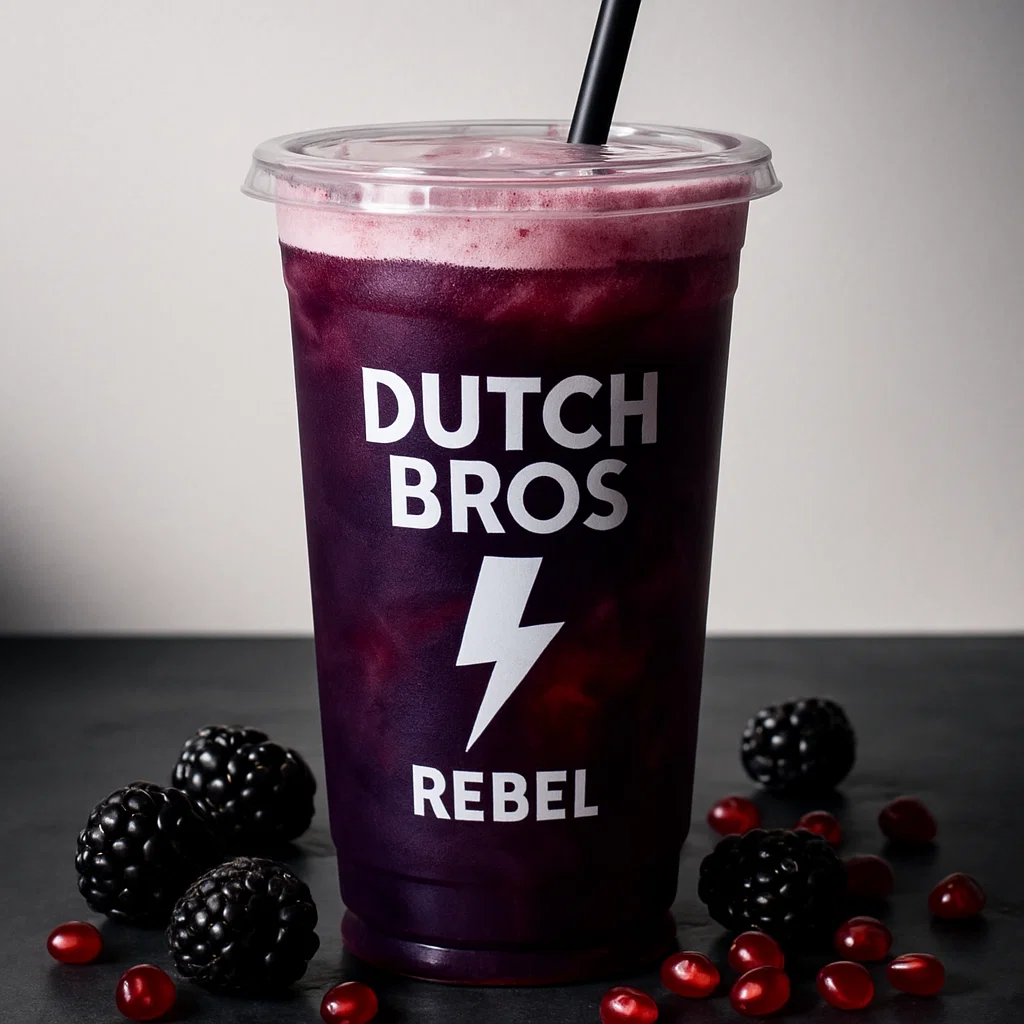 Midnight Rebel energy drink with blackberry and pomegranate in a clear cup with a rich dark tone and fresh berries around.