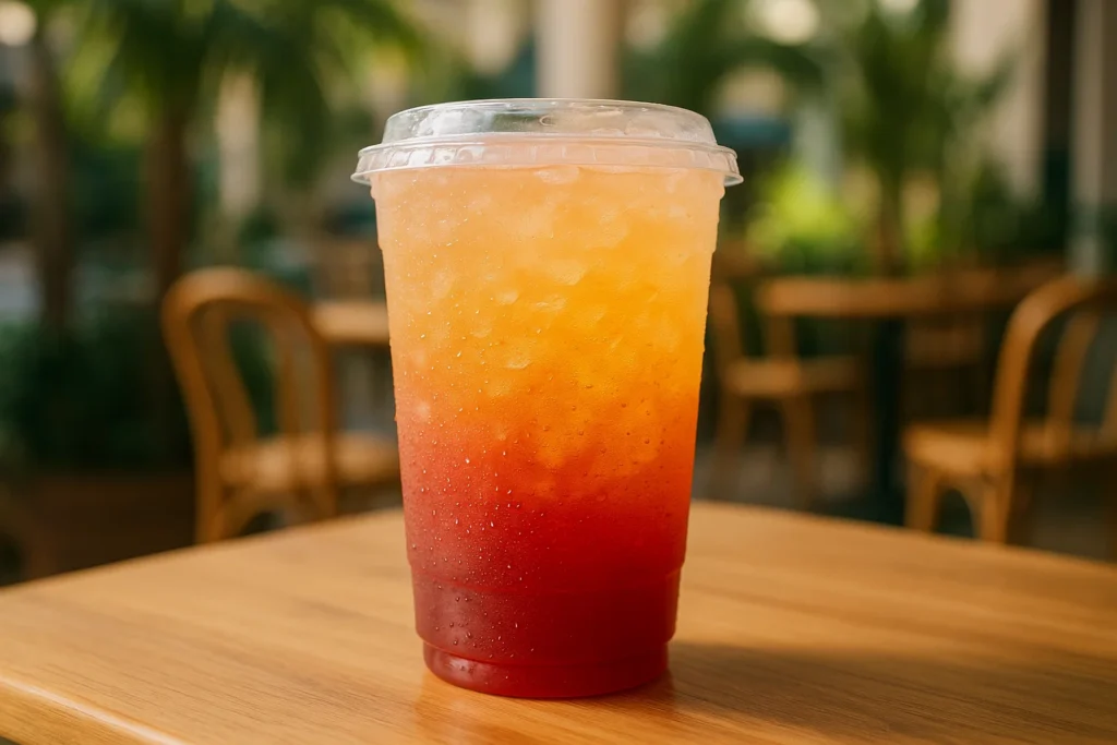 Palm Beach Rebel secret menu drink with pomegranate and peach lemonade in a clear iced cup.