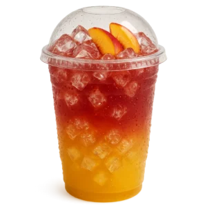 Dutch Bros Palm Beach Lemonade in a premium plastic cup with dome lid, layered peach and pomegranate colors, on a white background.

