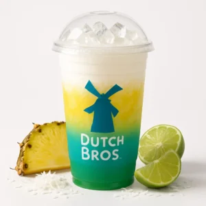 Palm Tree Dutch Bros Rebel with coconut, pineapple, and lime on a white background.

