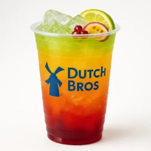 Tall clear Dutch Bros cup of layered red, orange, and green Palm Tree iced drink with pomegranate, passion fruit, and lime flavors, fruit garnish, and white background.

