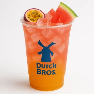 Tall clear Dutch Bros cup of orange and pink Passion Water iced drink with passion fruit and watermelon flavors, fruit garnish, and white background.

