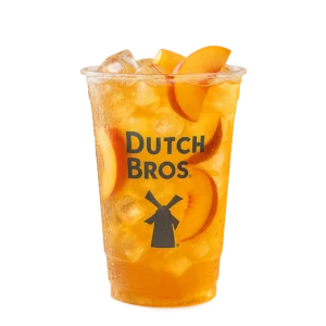 Dutch Bros Peach Tea in branded clear cup with ice and peach slice