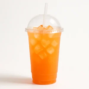 Peach Rebel Dutch Bros energy drink in a clear unbranded cup, iced, on a pure white background.

